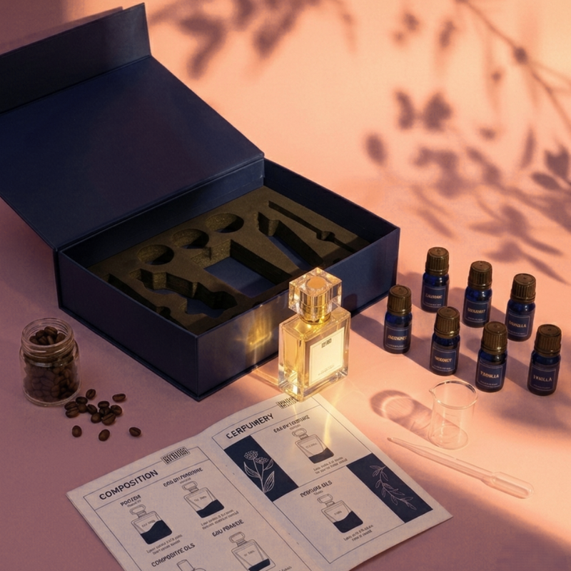 The DIY Perfume Kit box open, with every fragrance oil and bottle it includes