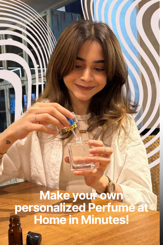 An enthusiastic girl putting the lid to her amazing personalized KITSTERS DIY Perfume amid a swirly background
