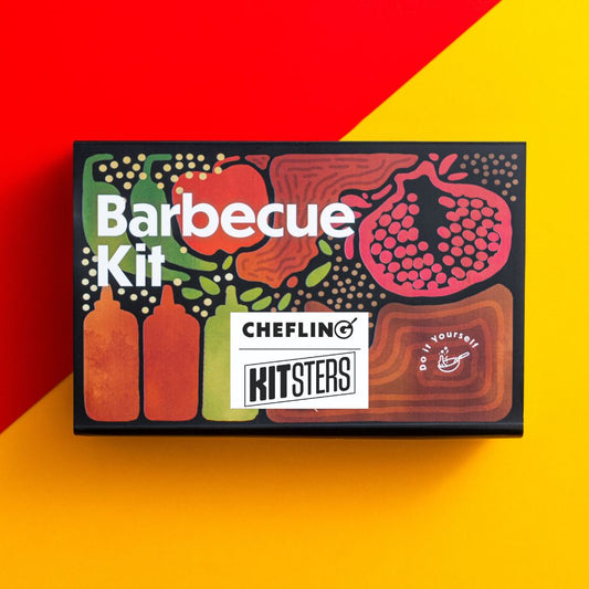 DIY Barbecue Kit tutorial showing how to make skewers with grilled vegetables and meat, using teriyaki sauce, and serving with coleslaw from Kitsters.in