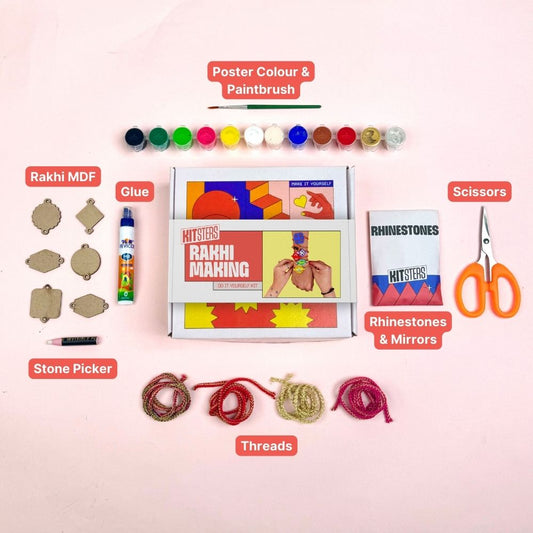 Kitsters Rakhi Making DIY Kit, Rakhi MDF shapes, Poster Colors & Paintbrush, Glue, Scissors, Rhinestones & Mirrors, Stone Picker, Threads, Craft Supplies, Rakhi Craft Kit, Rakhi Festival, DIY Rakhi Making Kit, Indian Festival Crafts, Rakhi Decoration Materials, Kitsters.in