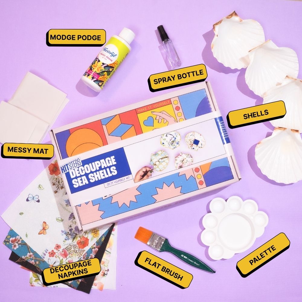 Decoupage sea shells kit with materials on a purple background