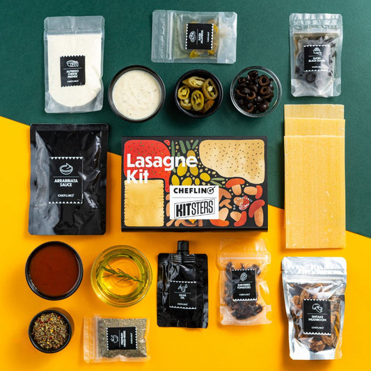 DIY Lasagne Kit, lasagne ingredients, pasta sheets, tomato sauce, cheese, Italian cooking kit