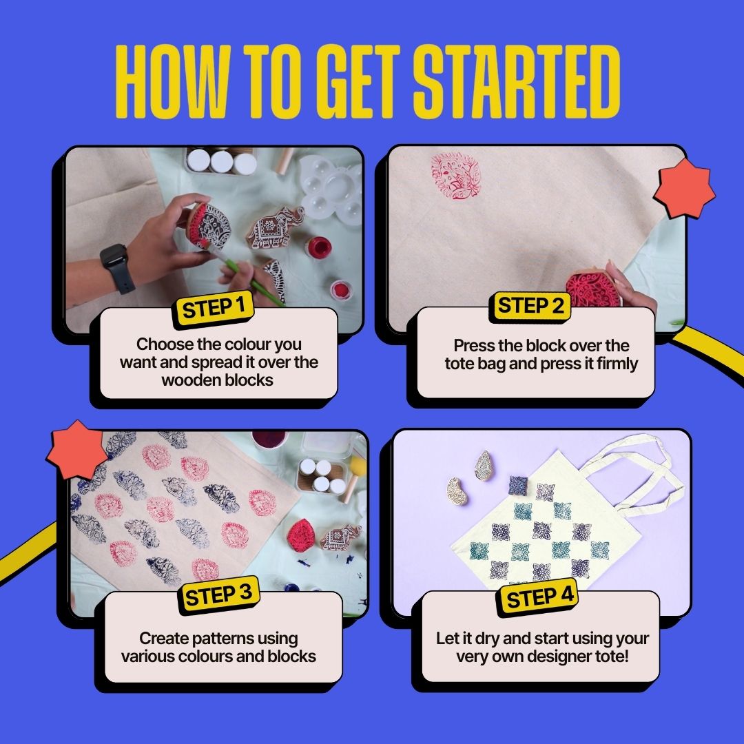 COMBO : DIY Block Printing Kit (Tote Bag) & DIY Tote Bag Painting Kit