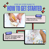 Step-by-step guide to decoupage with text and images on a light green background