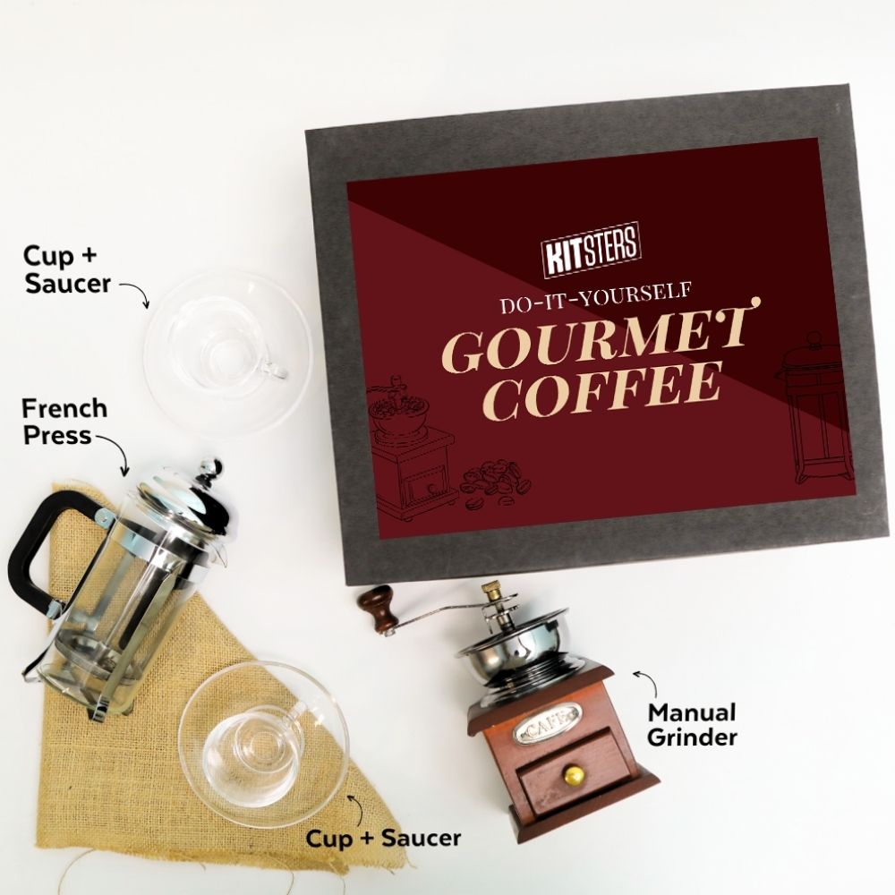 DIY Gourmet Coffee Kit with Manual Vintage Hand Grinder & French Press | Best Gift for Men & Women | Kitsters