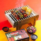 DIY Barbecue Kit tutorial showing how to make skewers with grilled vegetables and meat, using teriyaki sauce, and serving with coleslaw from Kitsters.in