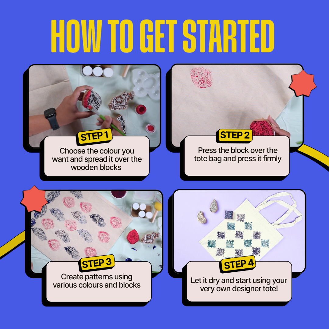 COMBO : DIY Block Printing Kit (Tote Bag) & DIY Tote Bag Painting Kit
