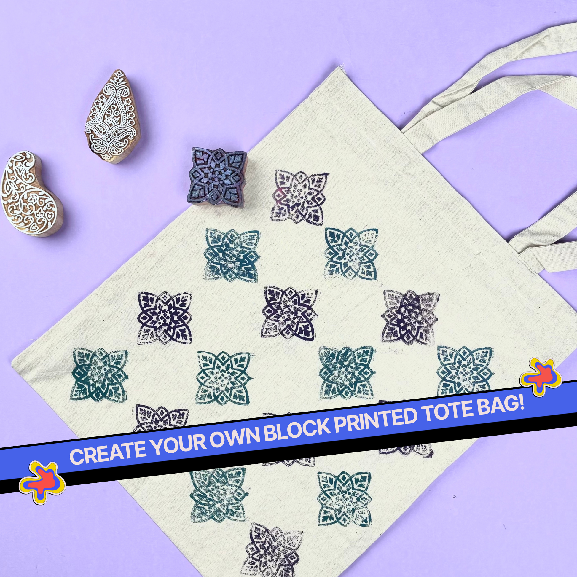 COMBO : DIY Block Printing Kit (Tote Bag) & DIY Tote Bag Painting Kit