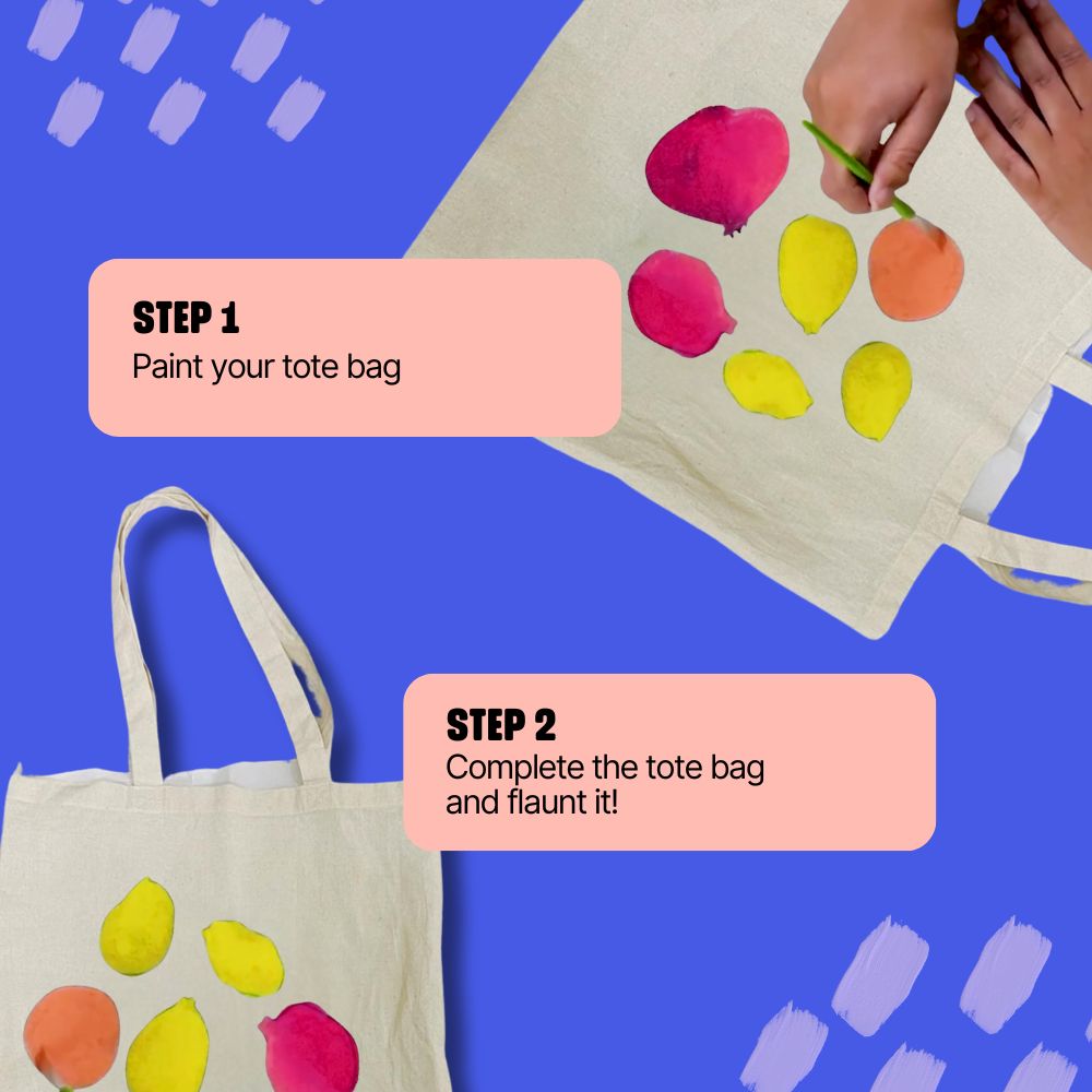 DIY Tote Bag Painting Kit, Kitsters, creative activities for couples, unique gift ideas, personalized gift ideas, return gift ideas, birthday return gift for kids, paint your own tote bag kit, fabric painting activity, DIY art kit for adults and kids, eco-friendly gift idea, hand-painted tote bag DIY, canvas tote bag painting kit, DIY fashion crafts, paint your own bag, birthday activity ideas, art party favor, painting kit for kids, mindful creative hobby, DIY tote bag workshop kit