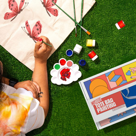 DIY Tote Bag Painting Kit, Kitsters, creative activities for couples, unique gift ideas, personalized gift ideas, return gift ideas, birthday return gift for kids, paint your own tote bag kit, fabric painting activity, DIY art kit for adults and kids, eco-friendly gift idea, hand-painted tote bag DIY, canvas tote bag painting kit, DIY fashion crafts, paint your own bag, birthday activity ideas, art party favor, painting kit for kids, mindful creative hobby, DIY tote bag workshop kit