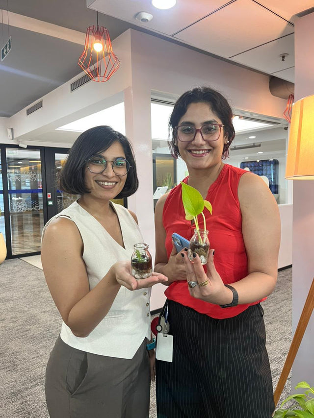 Two colleagues in an office holding up the mini terrariums they have just planted