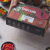DIY Barbecue Kit tutorial showing how to make skewers with grilled vegetables and meat, using teriyaki sauce, and serving with coleslaw from Kitsters.in